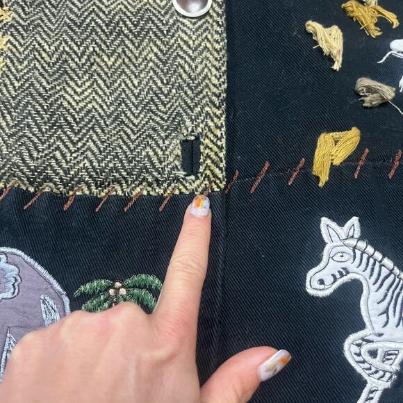 Vtg 90s Art To Wear Safari Zebra Elephant Patchwork Embroidered Denim Jacket XL - Picture 7 of 8